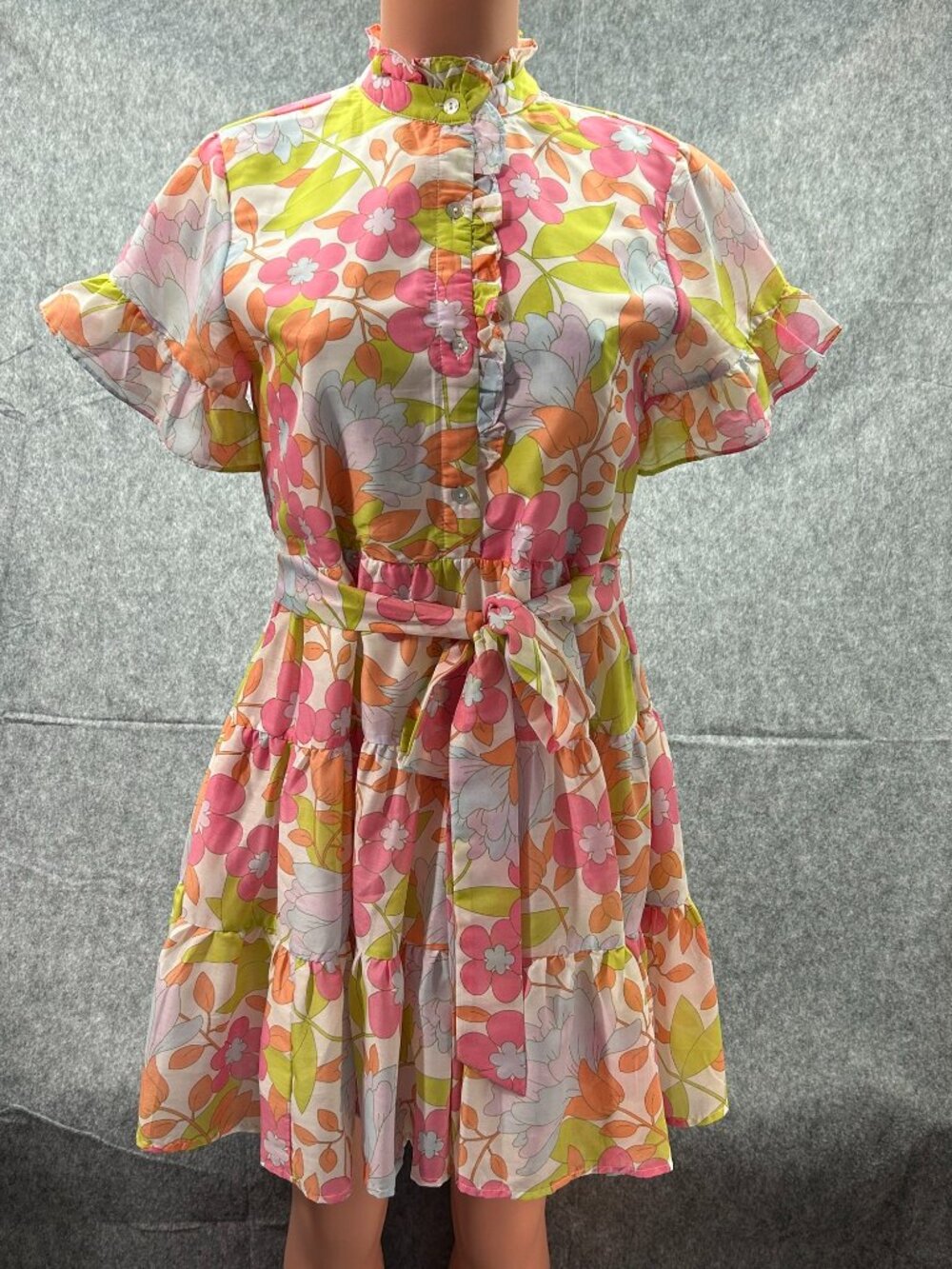 J. Marie Ruffle Sleeve Mini Dress Women's Size XS Tie Front Pink Yellow Floral